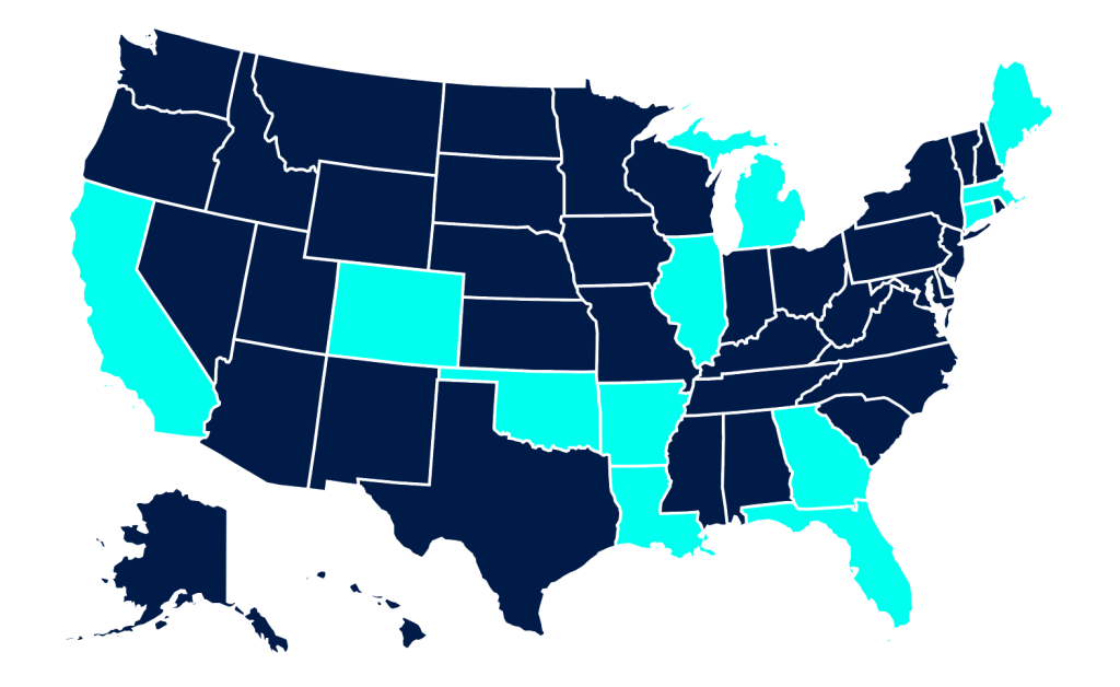 U.S. map showing states where marijuana bonds are required