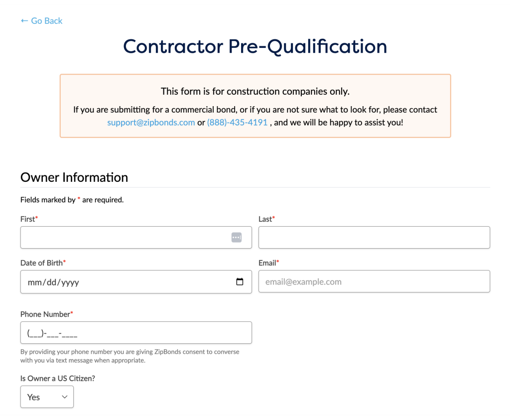 Contractor Prequalification Form on Zipbonds.com